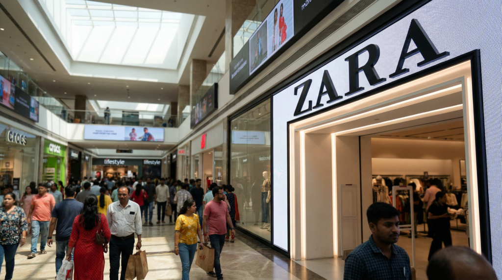 Strategic store signage attracting walk-ins in a high-footfall retail mall in India
