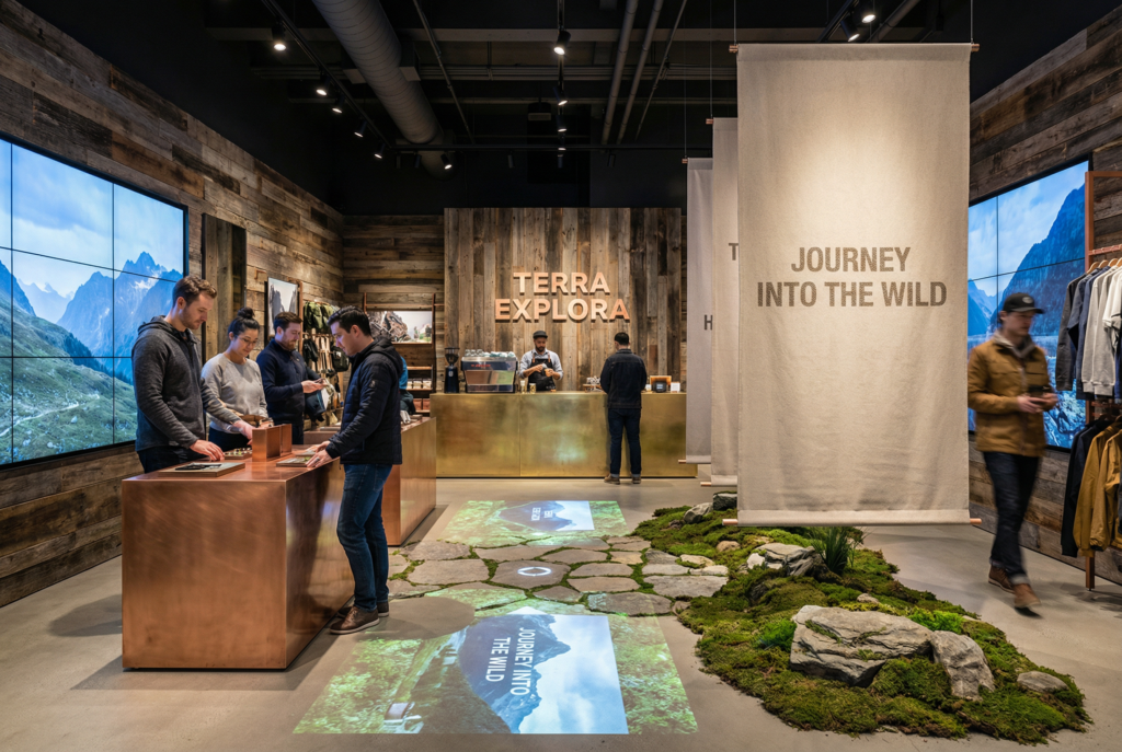 Experiential retail signage blending with brand storytelling and store design