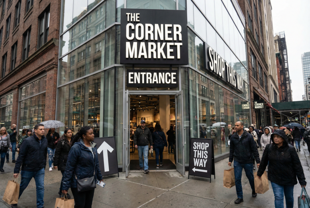 Retail store entrance signage attracting customers and increasing footfall