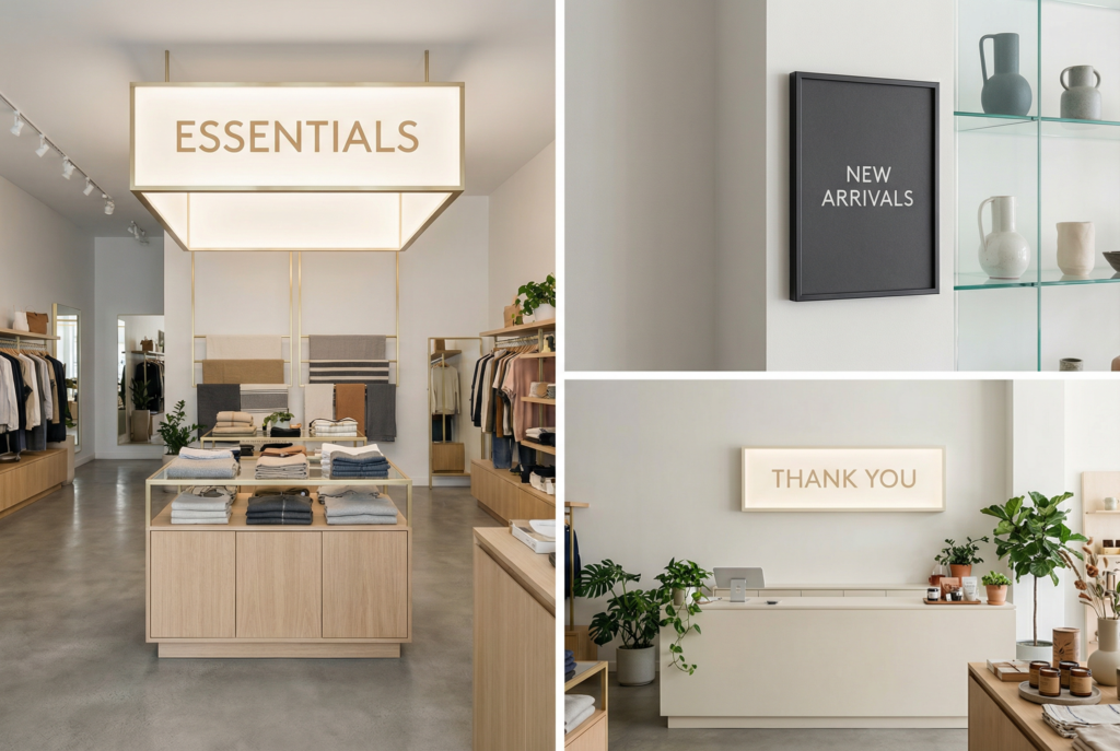 Minimal retail signage design with clean typography and modern layout