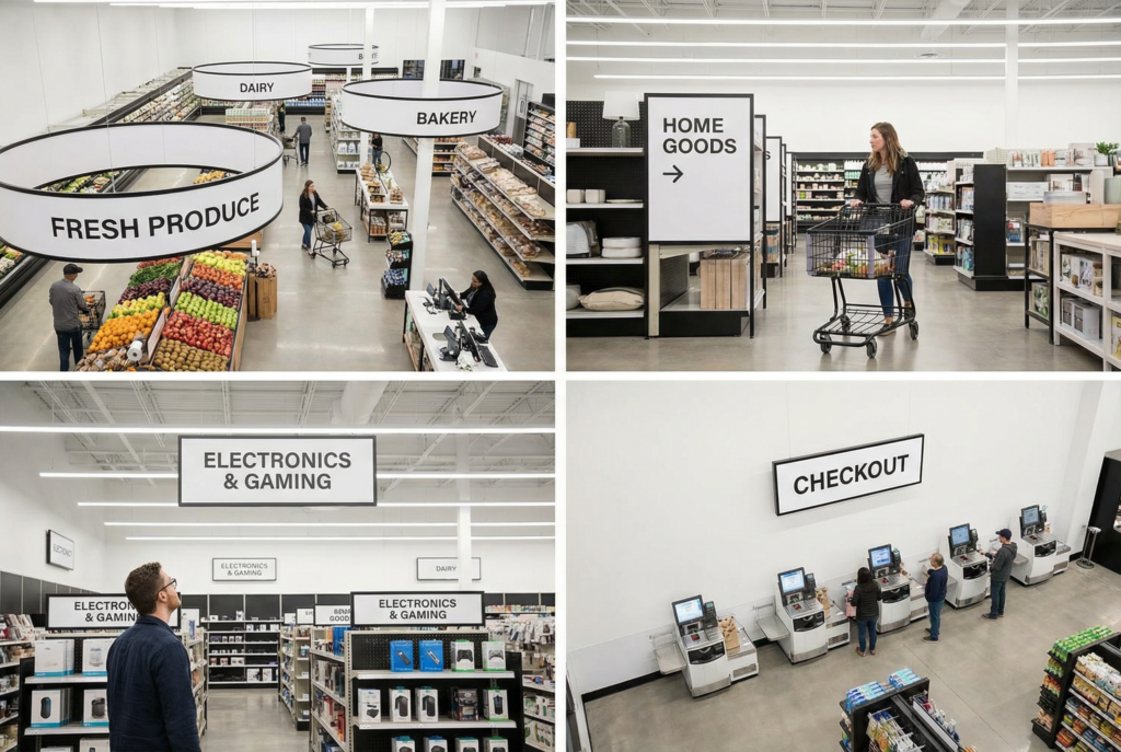 In-store signage guiding customers through the retail shopping journey