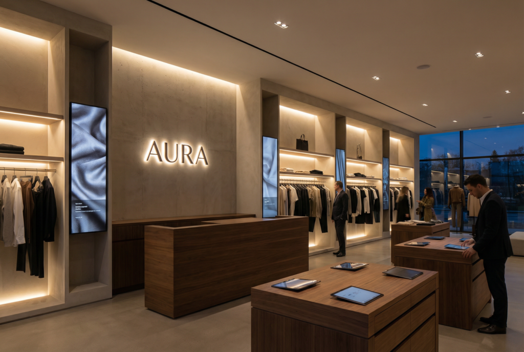 Retail store signage with subtle digital and backlit technology integration