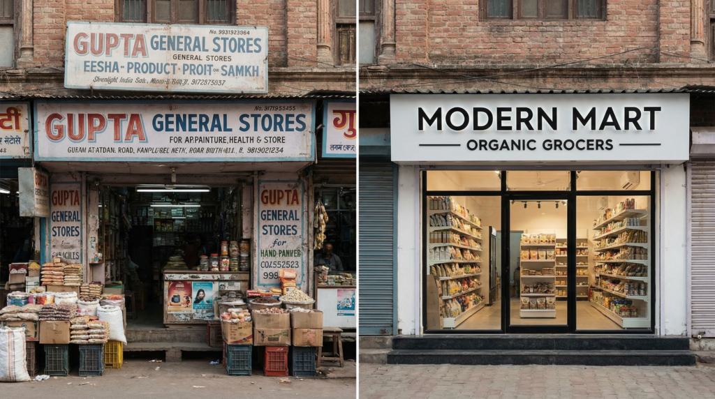 Retail storefront signage comparison showing poor visibility vs strategic signage design